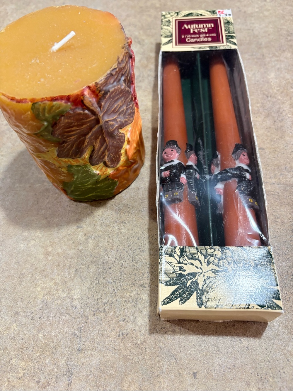 Pilgrim Tapers & Fall Leaf Pillar Candle Lot Cottagecore Thanksgiving vintage